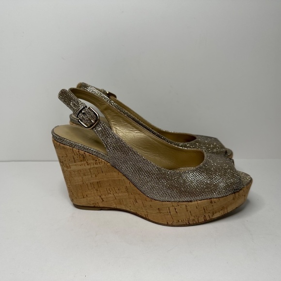 Stuart Weitzman Jean Glitter Slingback Cork Platform Sandals Women's Size 7M - Picture 4 of 14